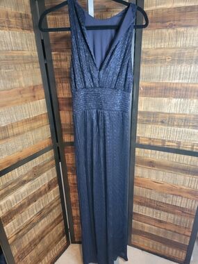 MARINA Navy V-Neck Textured Evening Maxi Dress